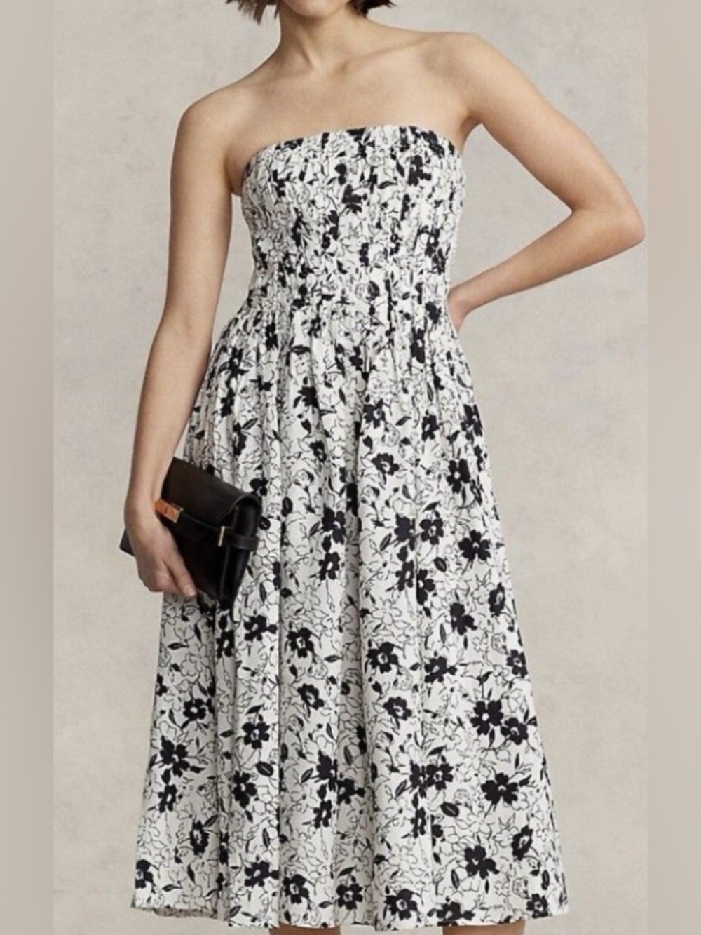 Polo Ralph Lauren Strapless Black & White Floral Linen Midi Dress Size 0 NEW NWT